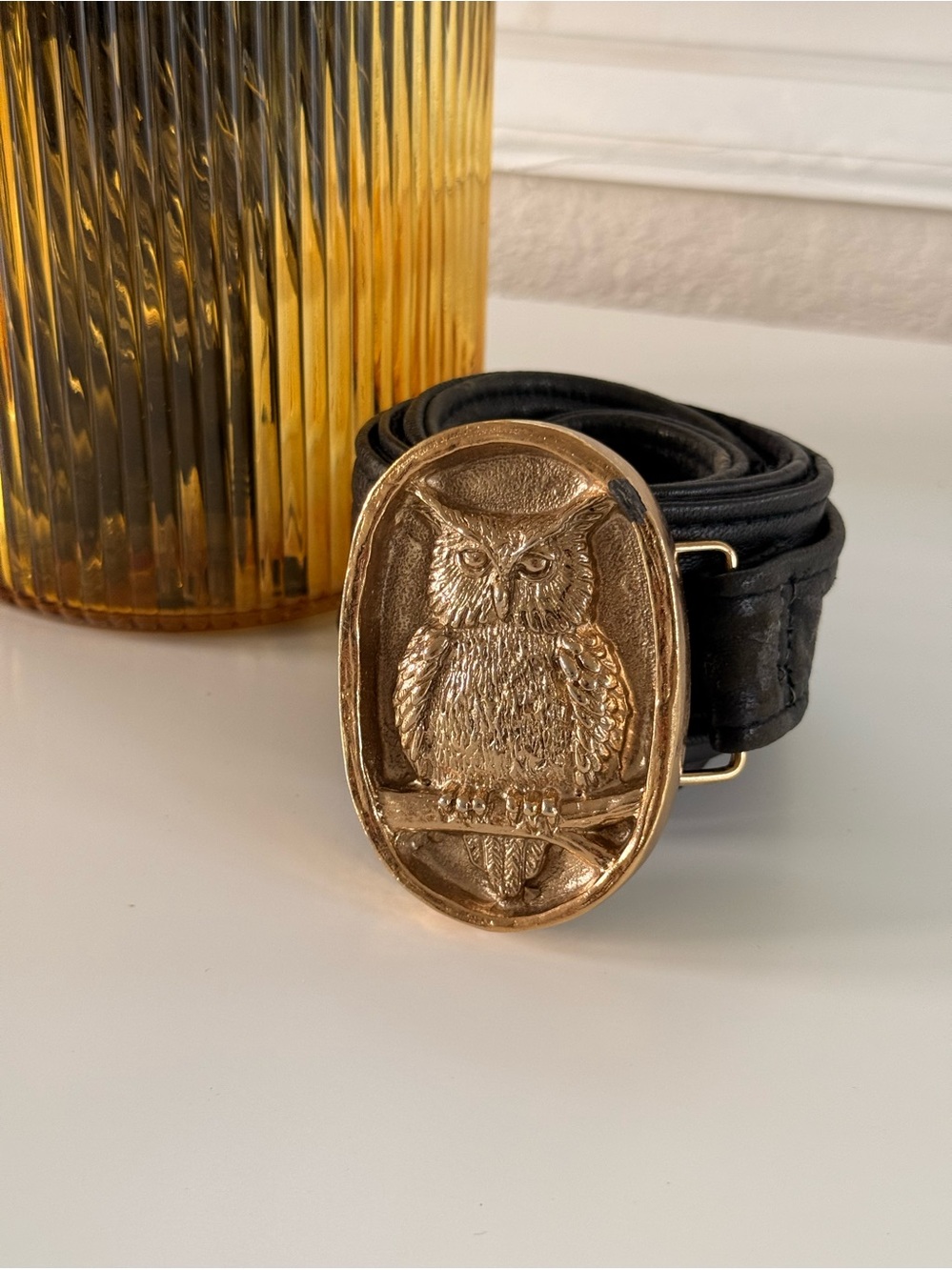 Vintage leather and owl buckle belt
